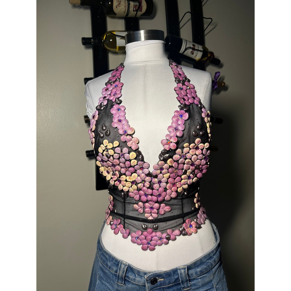 RARE Ema Savahl Hand Painted 3D Floral Halter Tie Back Top Black Mesh Appliqué - Picture 4 of 12